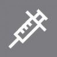 White medical syringe icon on a gray background, representing vaccination, medication administration, or medical procedures. The simple design emphasizes the syringe's significance in healthcare, making it easily recognizable for educational and informational purposes. This image can be used in contexts related to health awareness, immunization campaigns, or medical services.